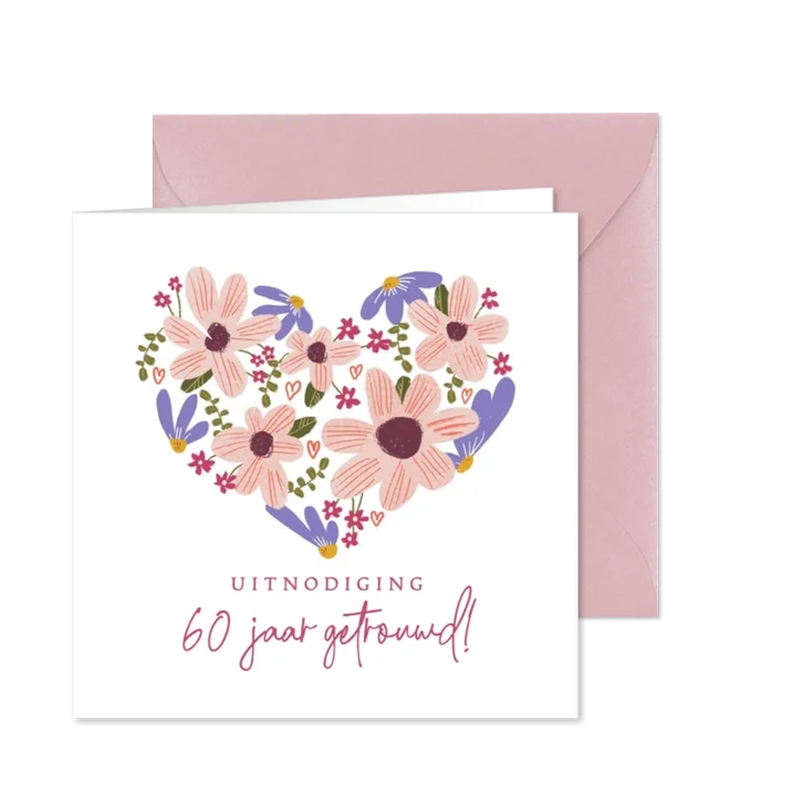 Uitnodiging met bloemenhart voor 60 jarig huwelijk