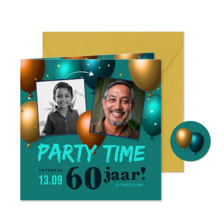 Uitnodiging met foto's en kleurrijke trendy 3d ballonnen