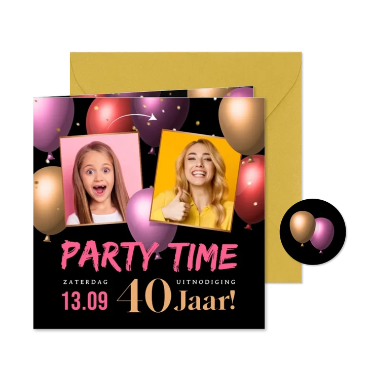 Uitnodiging met foto's en trendy kleurrijke 3d ballonnen