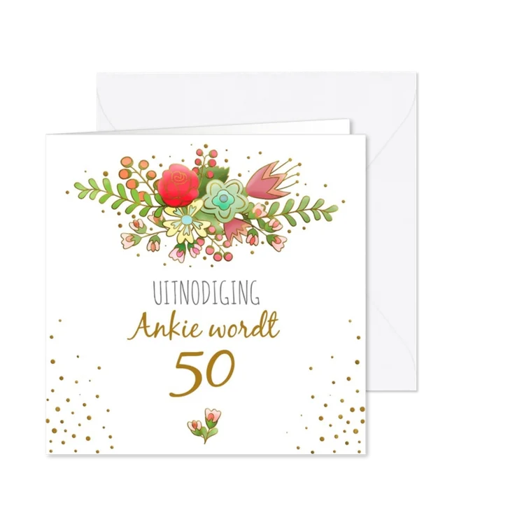 Uitnodiging met grafische bloemen en gouden accenten
