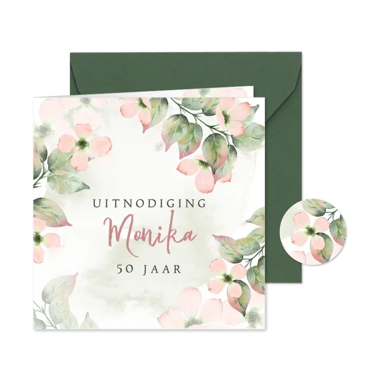 Uitnodiging met roze bloemen in waterverf met foto