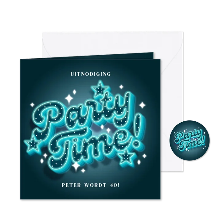 Uitnodiging neon 'Party Time!' met sterren 