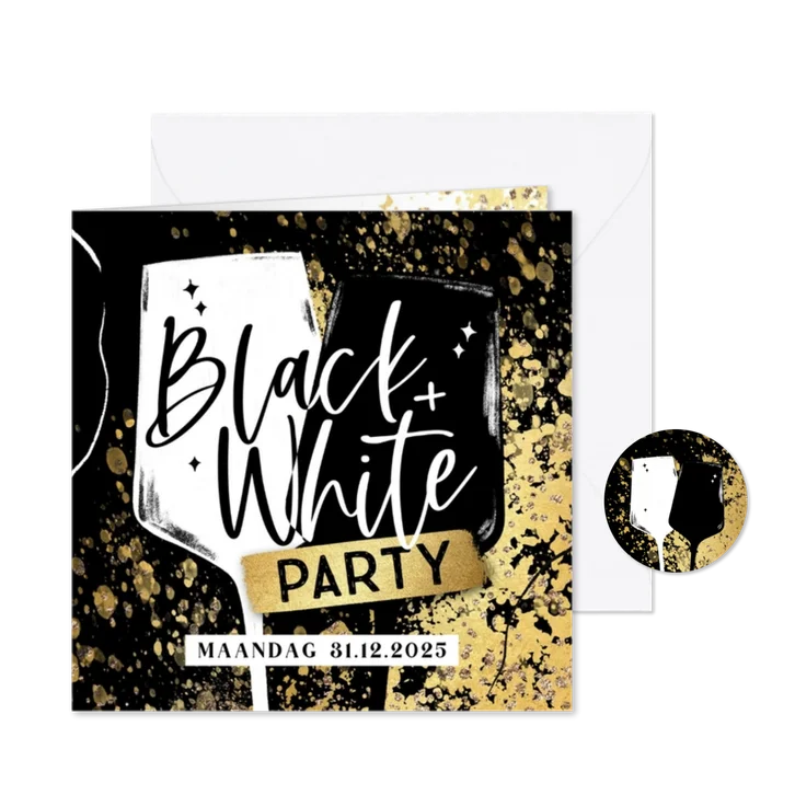 Uitnodiging nieuwjaar Black&White party glazen goudlook