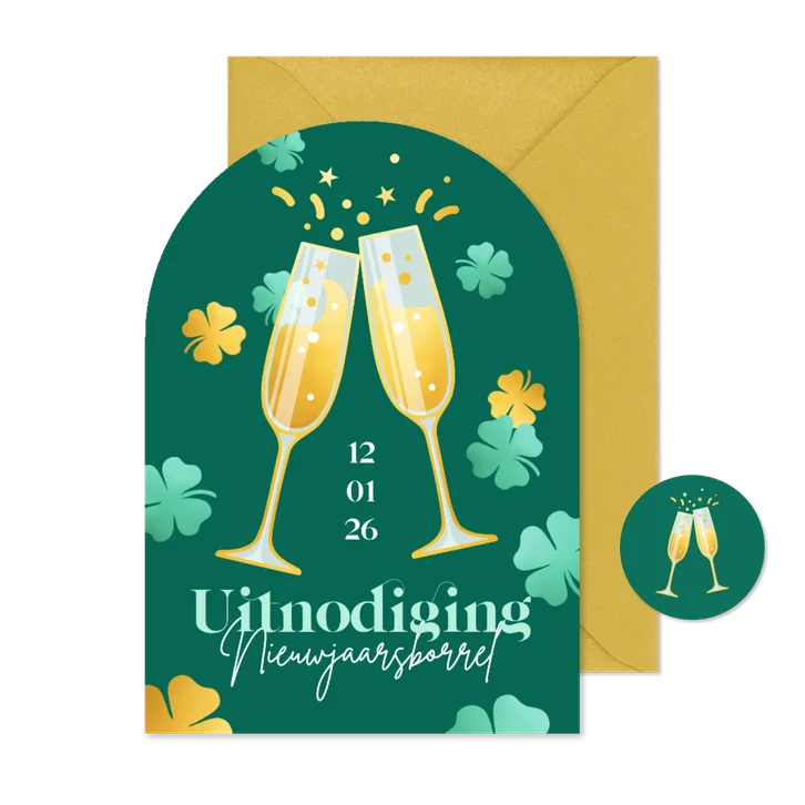 Uitnodiging nieuwjaarsborrel boogvorm champagneglazen