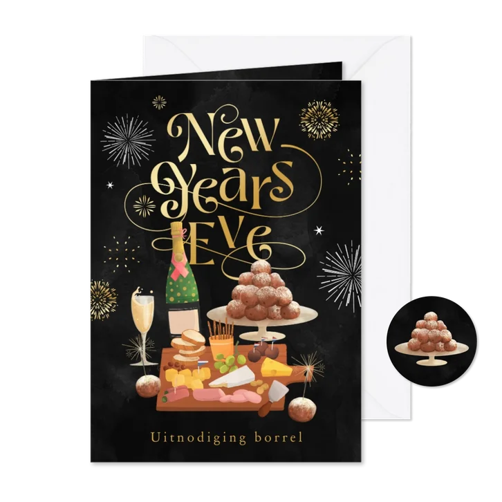 Uitnodiging nieuwjaarsborrel borrelplank oliebollen vuurwerk