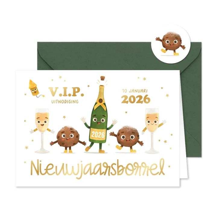 Uitnodiging nieuwjaarsborrel champagne oliebollen sterren