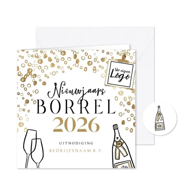 Uitnodiging nieuwjaarsborrel champagnefles bubbles logo