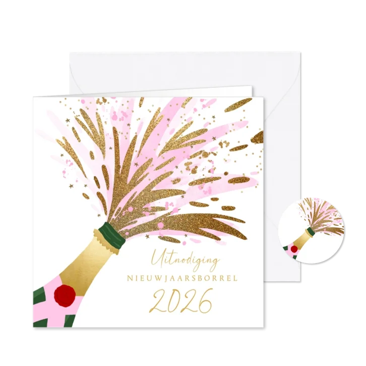 Uitnodiging nieuwjaarsborrel champagnefles hip