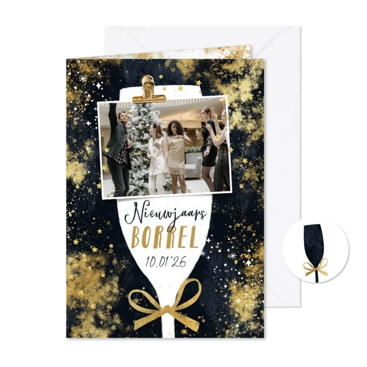Uitnodiging nieuwjaarsborrel champagneglas foto goud sterren