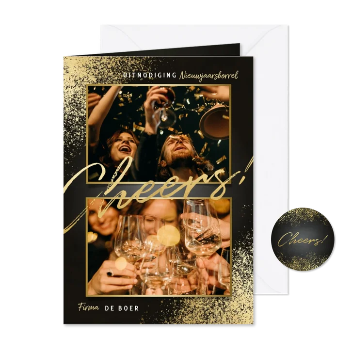 Uitnodiging nieuwjaarsborrel gouden spetters cheers & foto's