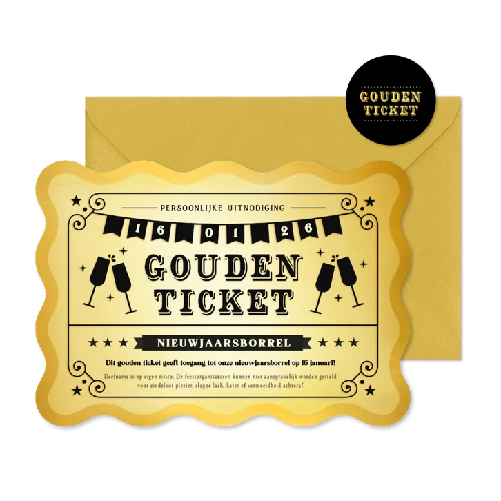 Uitnodiging nieuwjaarsborrel gouden ticket golvend