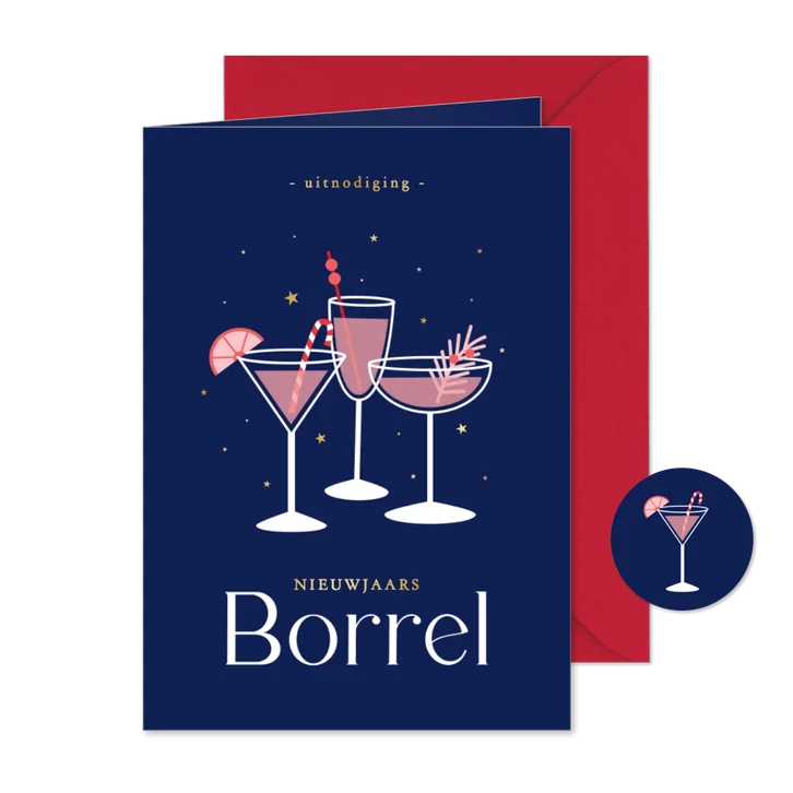 Uitnodiging nieuwjaarsborrel met cocktails gouden sterren
