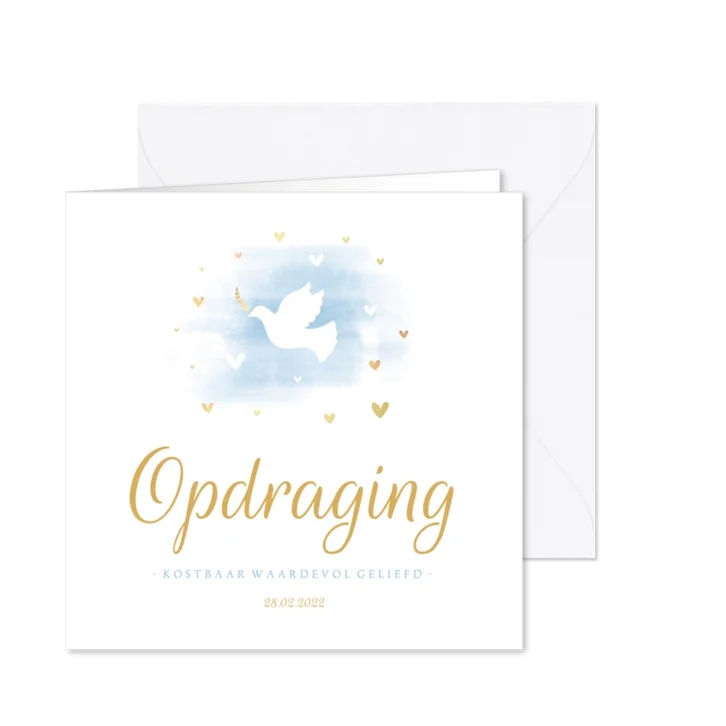 Uitnodiging opdraging duif met waterverf en hartjes