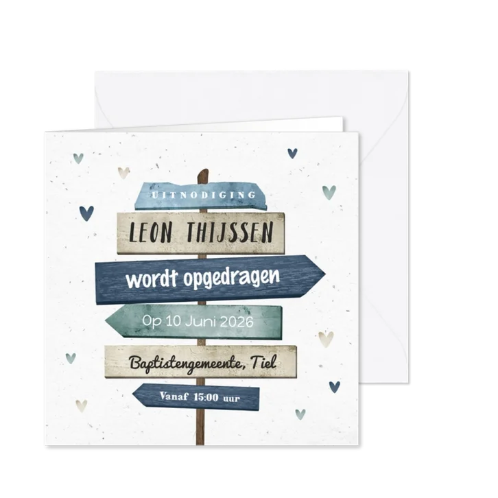 Uitnodiging opdraging met wegwijzer en hartjes