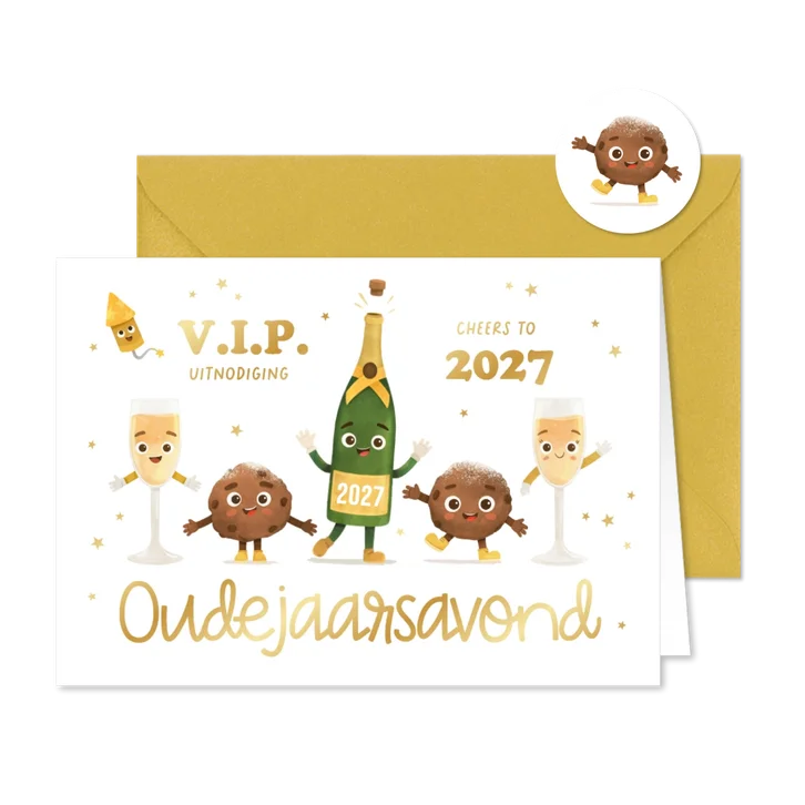 Uitnodiging oudejaarsavond champagne oliebollen humor