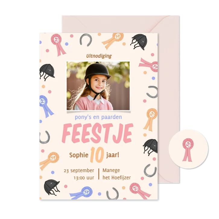 Uitnodiging paardrijden kinderfeestje met foto enkel