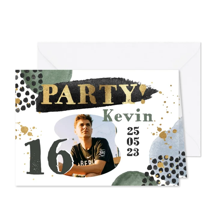 Uitnodiging 'Party!' 16e verjaardag watercolour goud foto