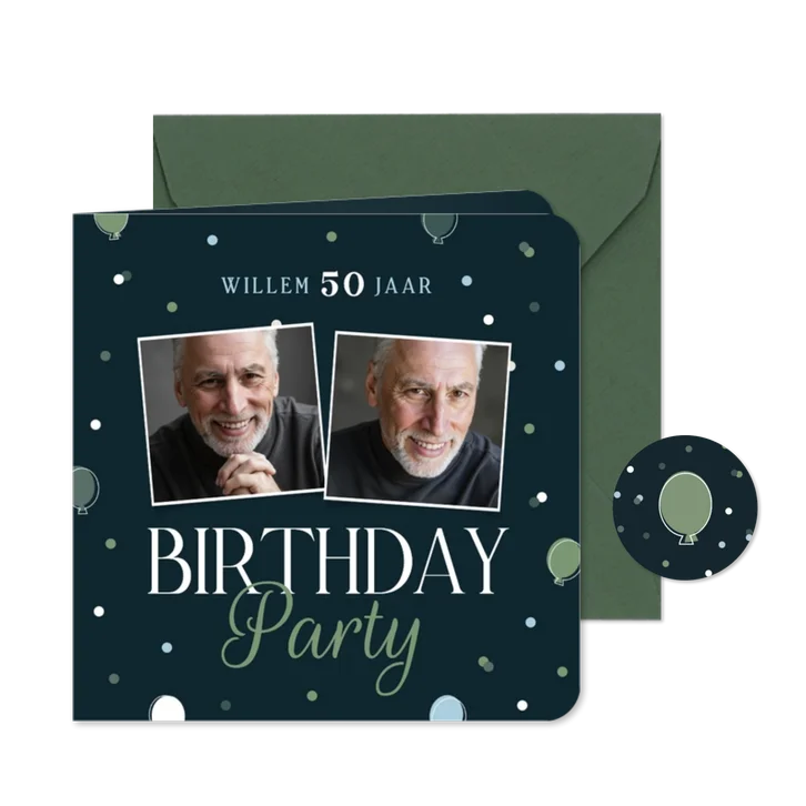 Uitnodiging party blauwe ballonnen met foto's confetti groen