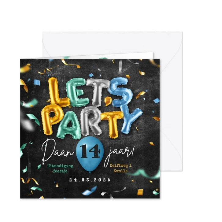 Uitnodiging party verjaardag ballonnen confetti krijt foto