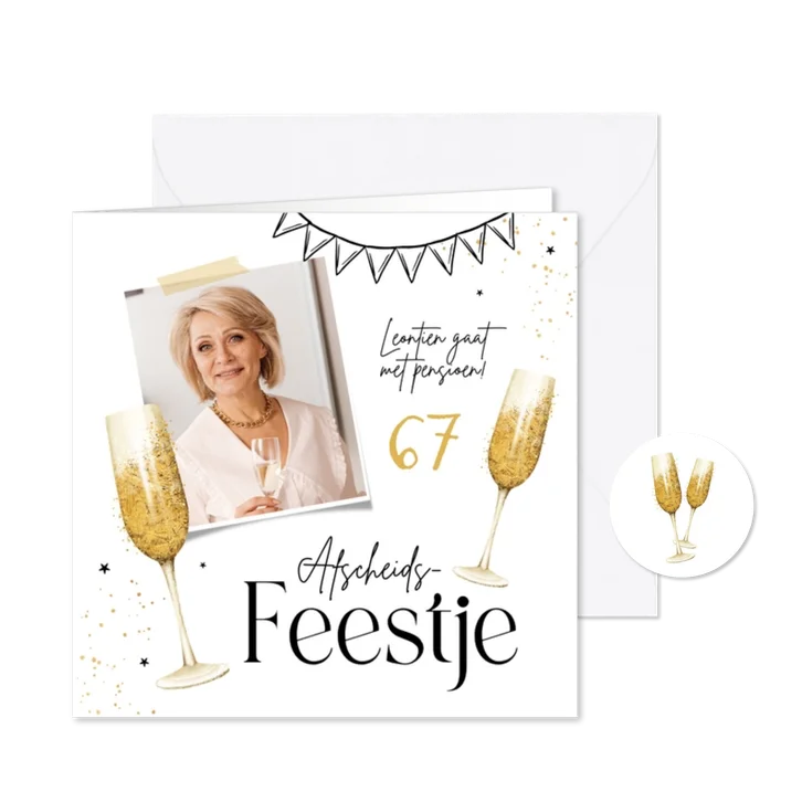 Uitnodiging pensioen afscheidsfeest champagne goud foto
