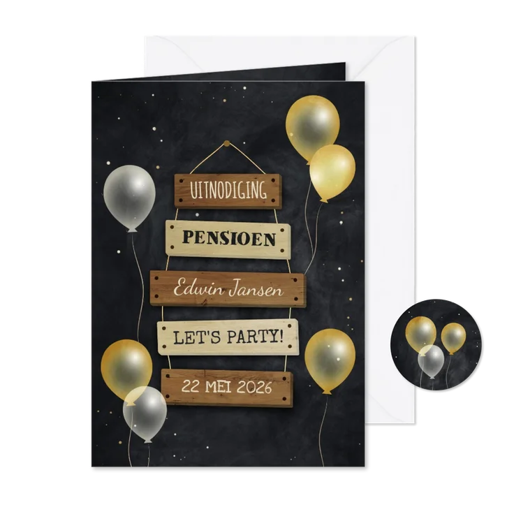 Uitnodiging pensioen bordjes met feestelijke ballonnen