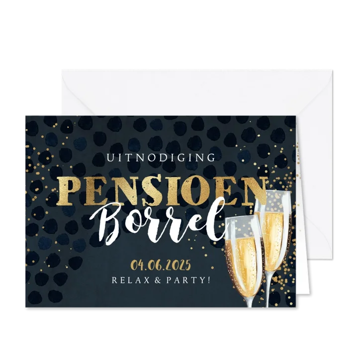 Uitnodiging 'Pensioen Borrel' champagneglazen en goudlook