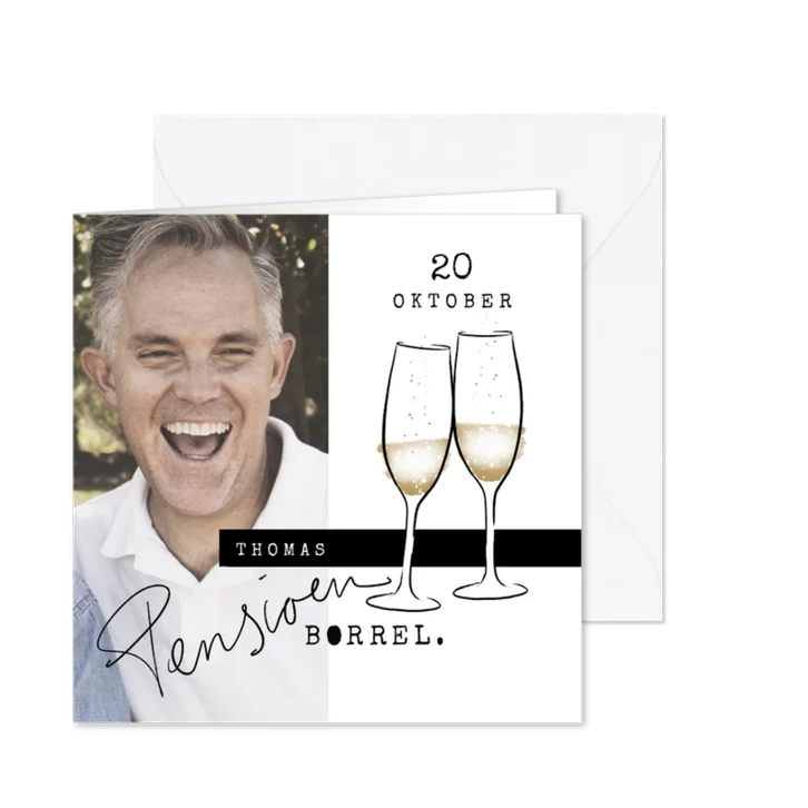 Uitnodiging pensioen-borrel, met champagneglazen