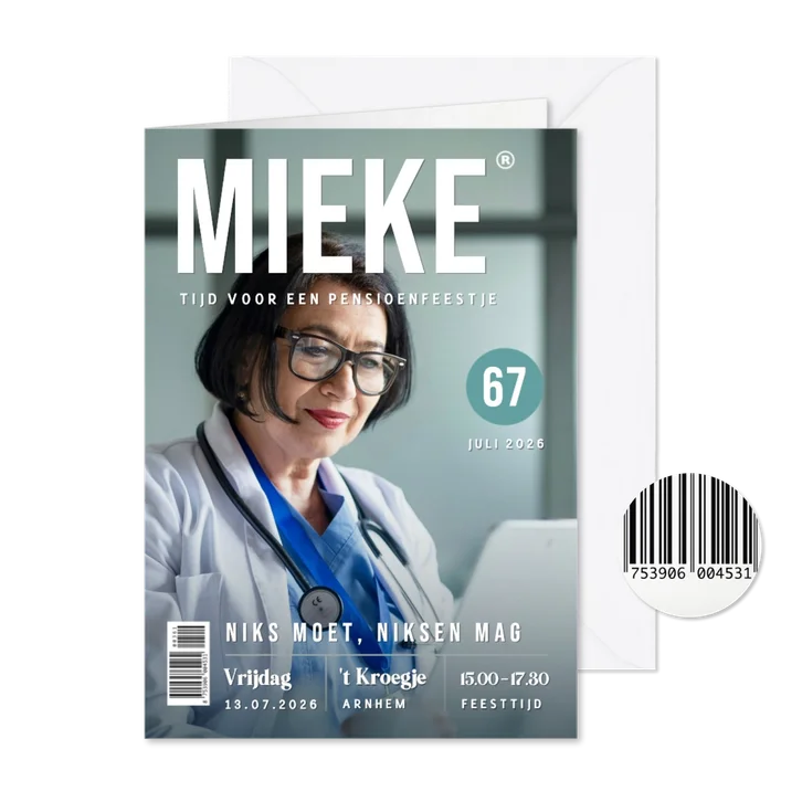 Uitnodiging pensioen feest in tijdschrift stijl met naam