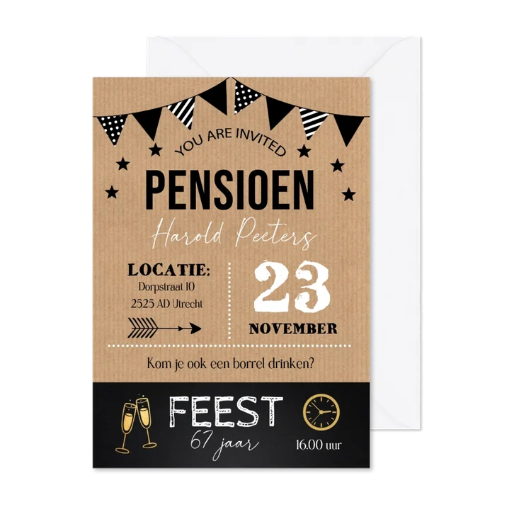 Uitnodiging pensioen feest typografie kraft krijtbord