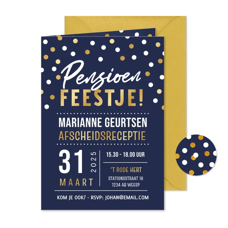 Uitnodiging pensioen feestje man of vrouw met confetti