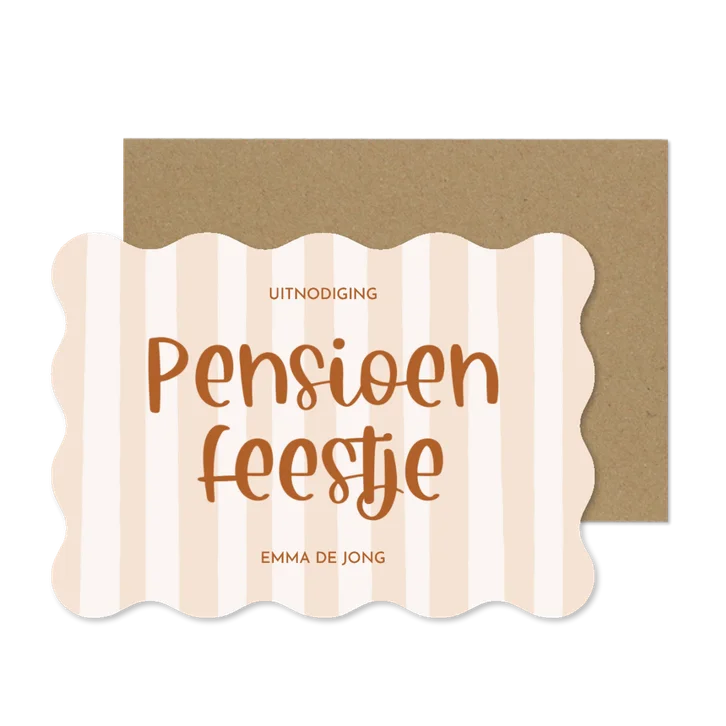 Uitnodiging pensioen met beige streepjes golfvorm