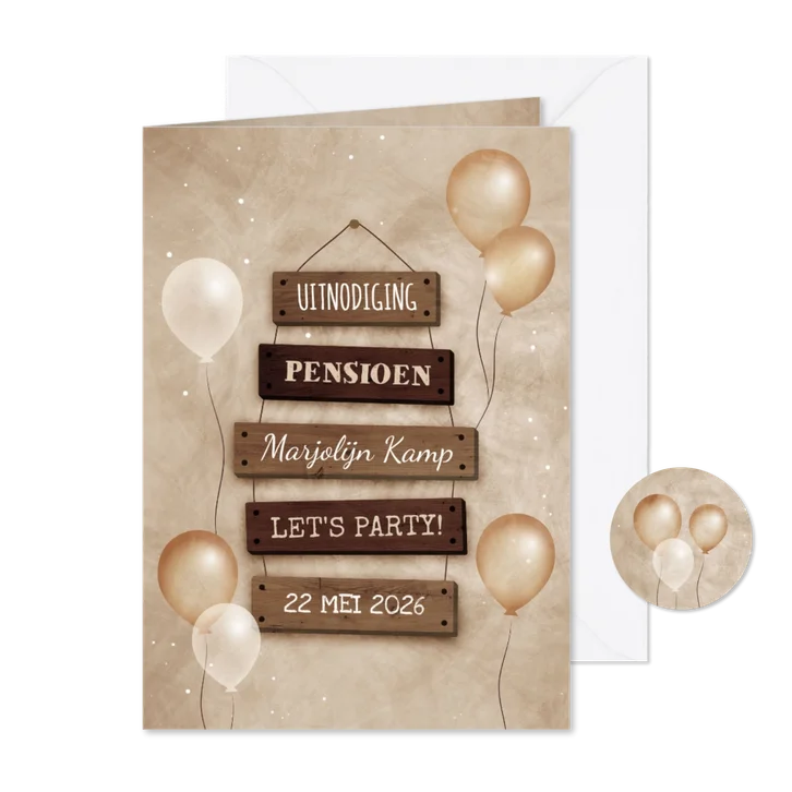 Uitnodiging pensioen met feestelijke ballonnen bordjes 