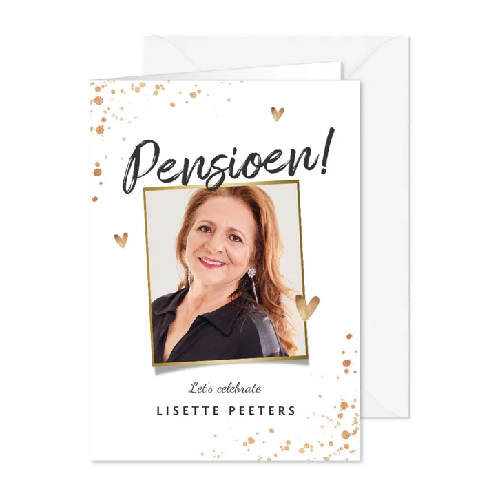 Uitnodiging pensioenfeest goud spetters champagne hartjes