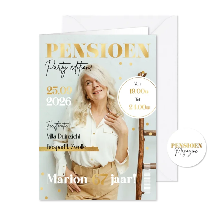 Uitnodiging pensioenfeest magazine cover goud party
