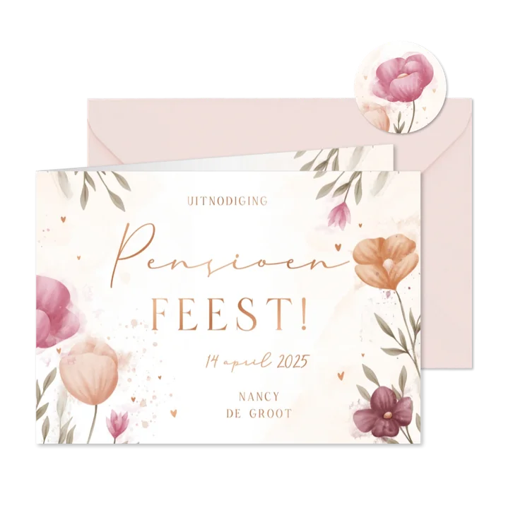 Uitnodiging pensioenfeest met bloemen met koperen hartjes