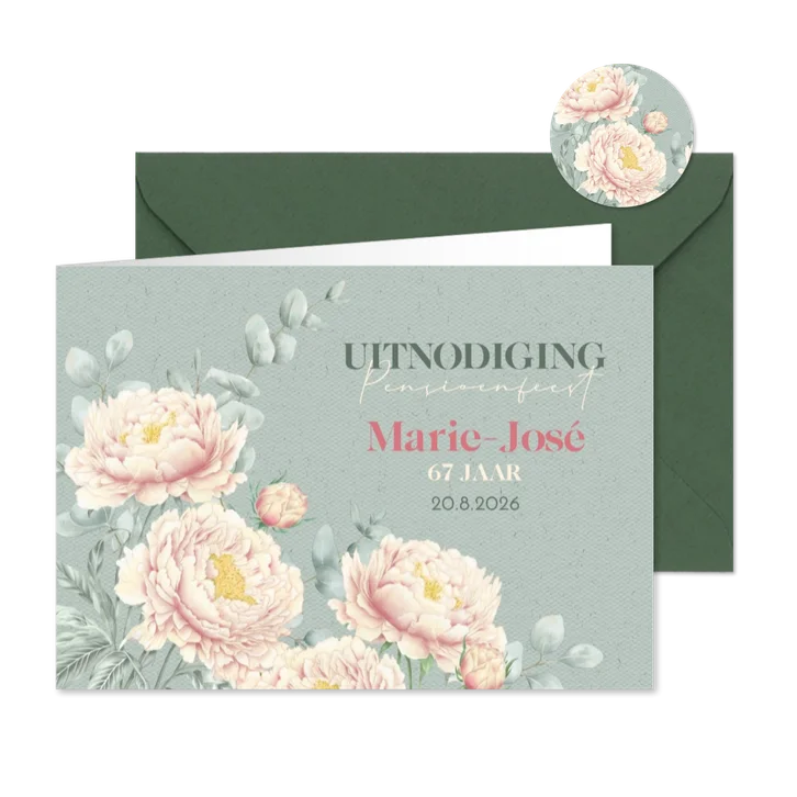 Uitnodiging pensioenfeest met pioenrozen