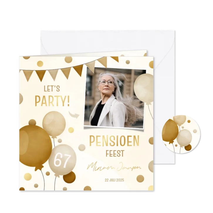 Uitnodiging pensioenfeest met slingers ballonnen en confetti
