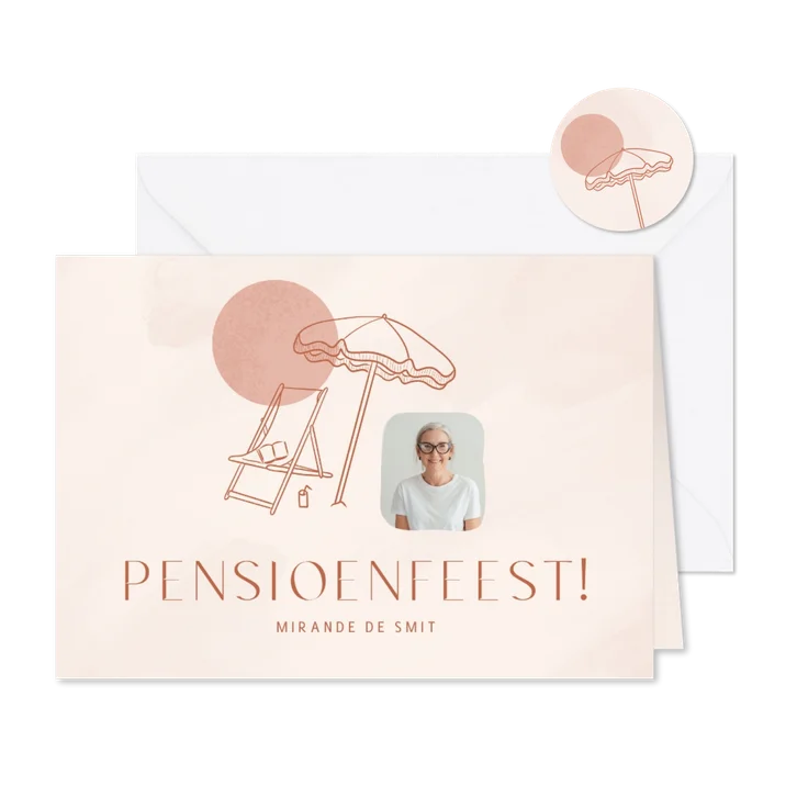Uitnodiging pensioenfeest met strandstoel en parasol