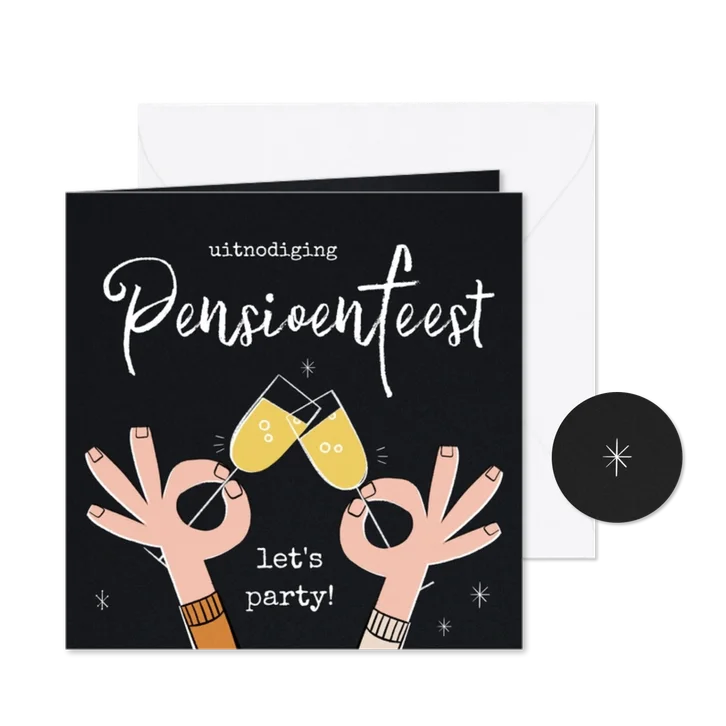 Uitnodiging pensioenfeest retro met proostende handjes