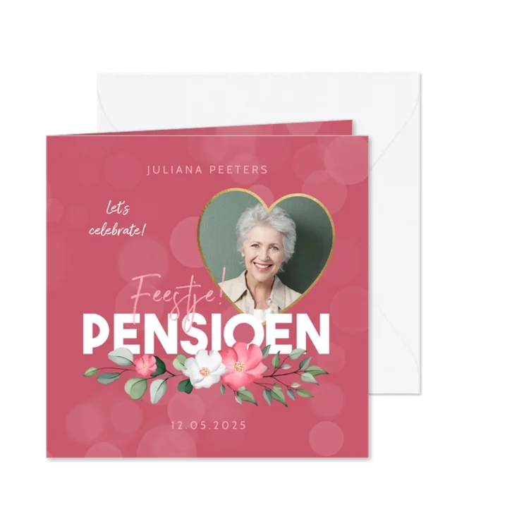 Uitnodiging pensioenfeest roze bloemen foto hart