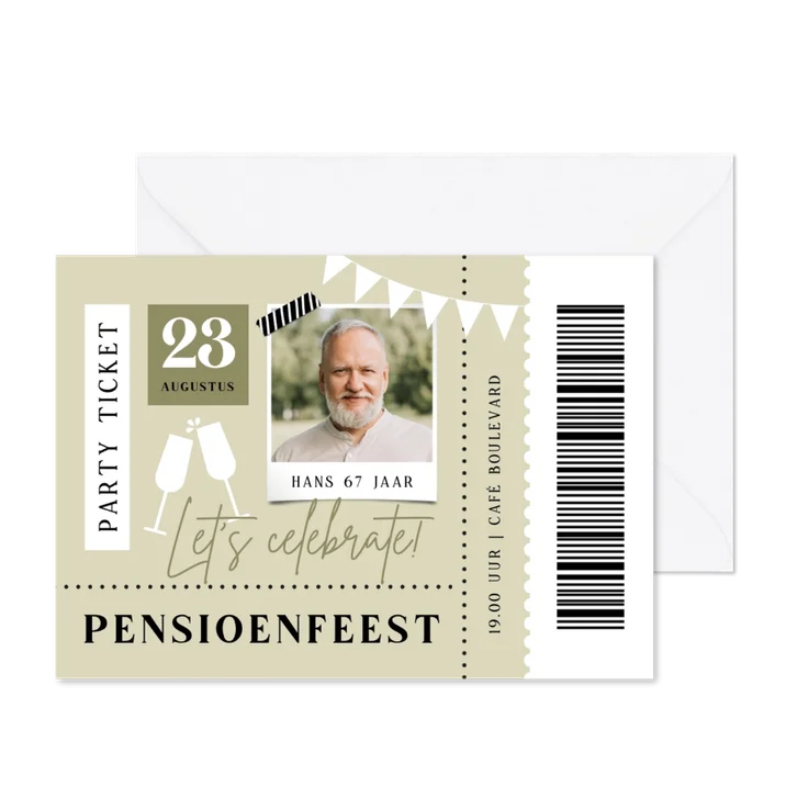 Uitnodiging pensioenfeest ticket foto modern