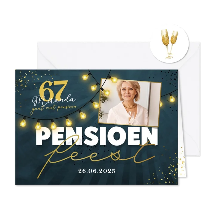 Uitnodiging pensioenfeest unisex foto lampjes spetters