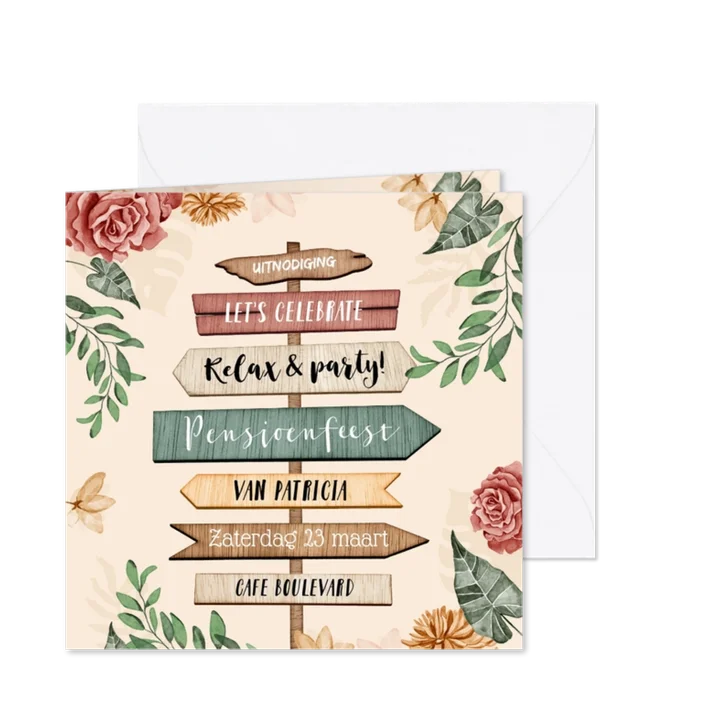 Uitnodiging pensioenfeest wegwijzers hout bloemen