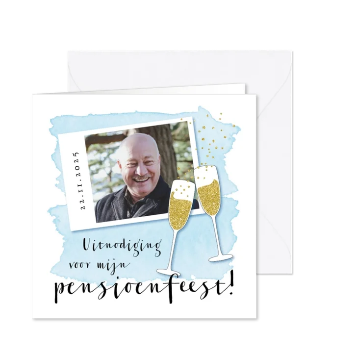 Uitnodiging pensioenfeestje champagne glazen