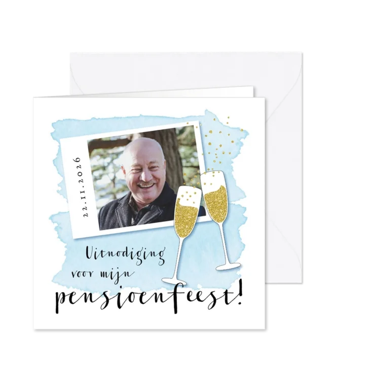 Uitnodiging pensioenfeestje champagne glazen