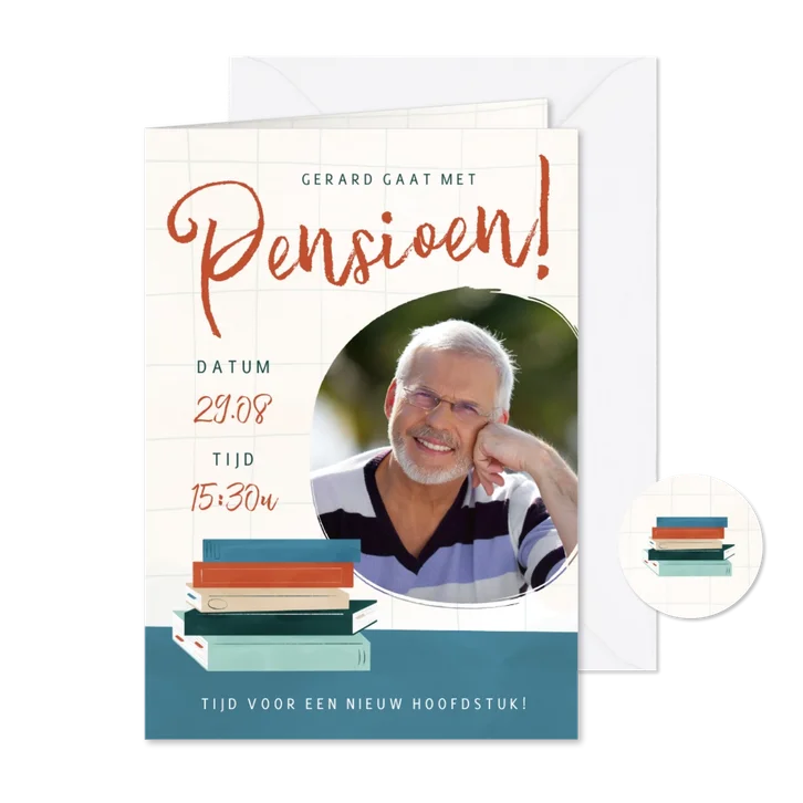 Uitnodiging pensioensfeestje boeken nieuw hoofdstuk foto