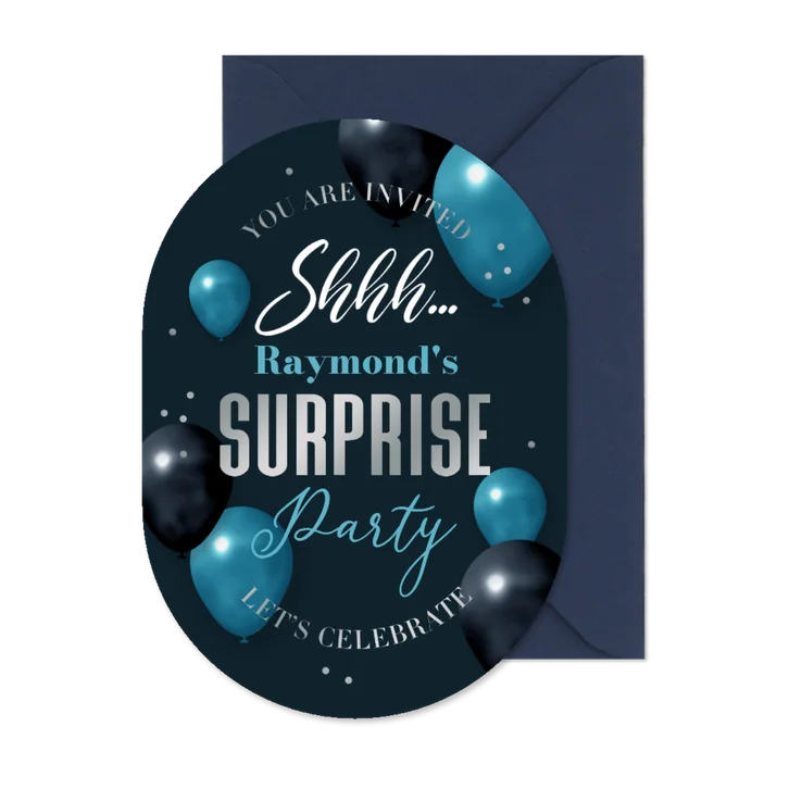 Uitnodiging pilvorm surprise party ballonnen shhh