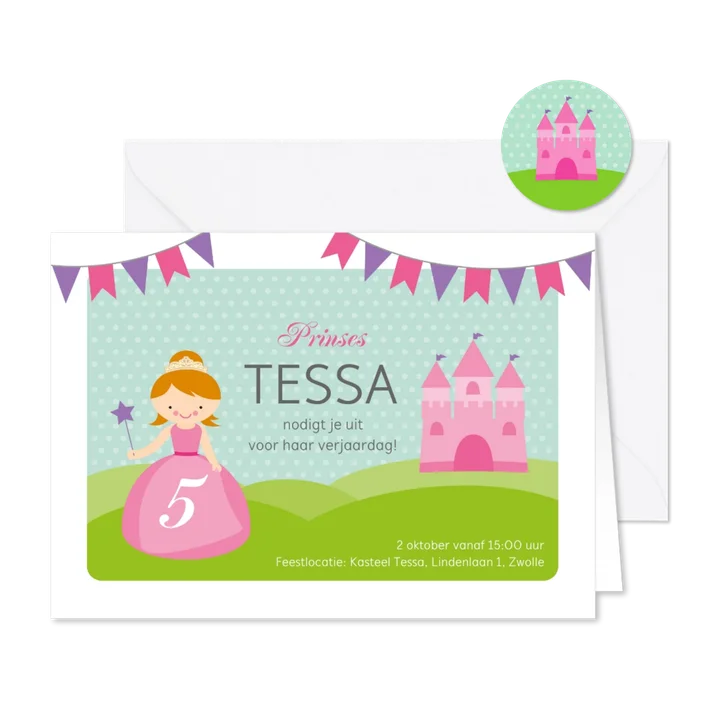 Uitnodiging prinsessenfeestje prinses met kasteel