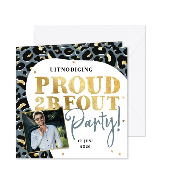 Uitnodiging Proud to be Fout-feest panterprint goud sterren