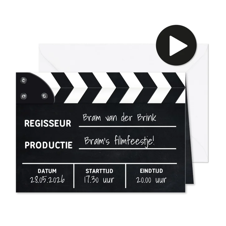 Uitnodiging regisseursbord voor filmfeestje met filmklapper 